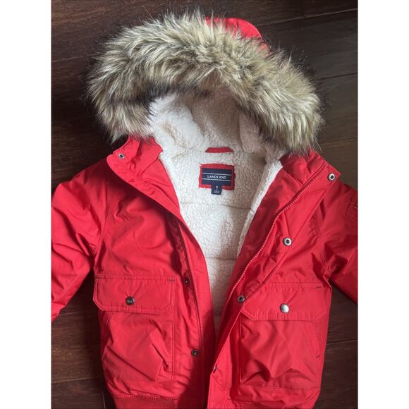 Land’s End Unisex Red Bomber Puffy Jacket W Hood Grow-A-Long S (8) Sherpa Lined - Picture 1 of 12